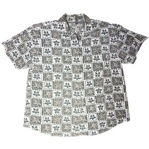 Krazy Kat Mens Shirt 14/16 White Olive‎ Green Brown Flower Check Button Up